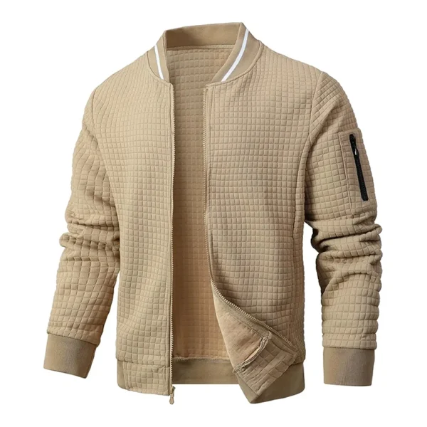 Beige Textured Quilted Bomber Jacket for Men