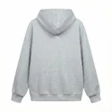 Back view of plain light grey hoodie showcasing clean minimalist design, ribbed hem, and hood construction.