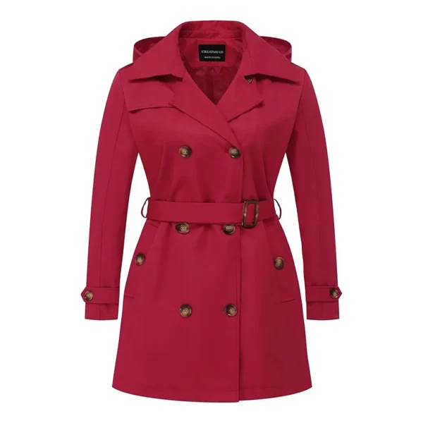 Elegant Belted Red Trench Coat for Women – Classic Double-Breasted Design