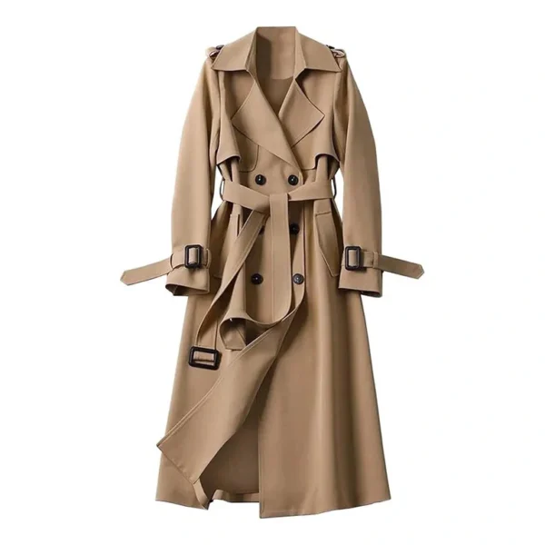 Classic Long Belted Beige Trench Coat for Women – Elegant Double-Breasted Style