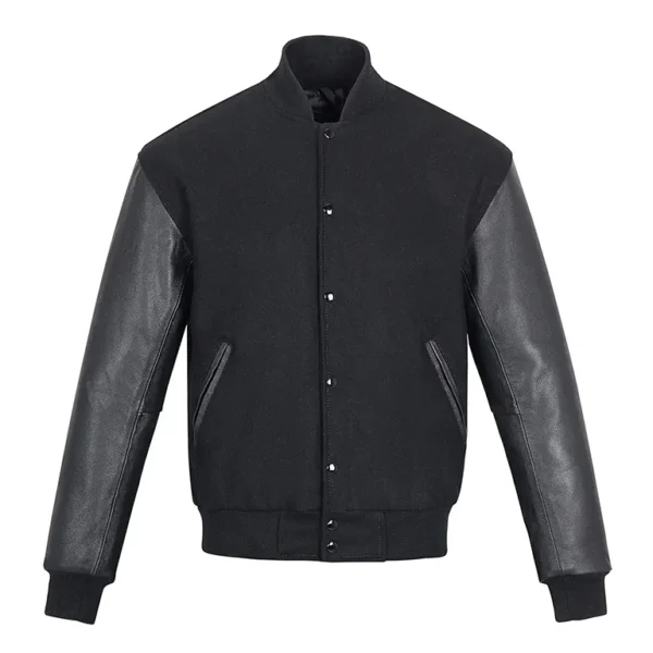 Black Wool & Leather Varsity Jacket – Classic Bomber Style for Men & Women