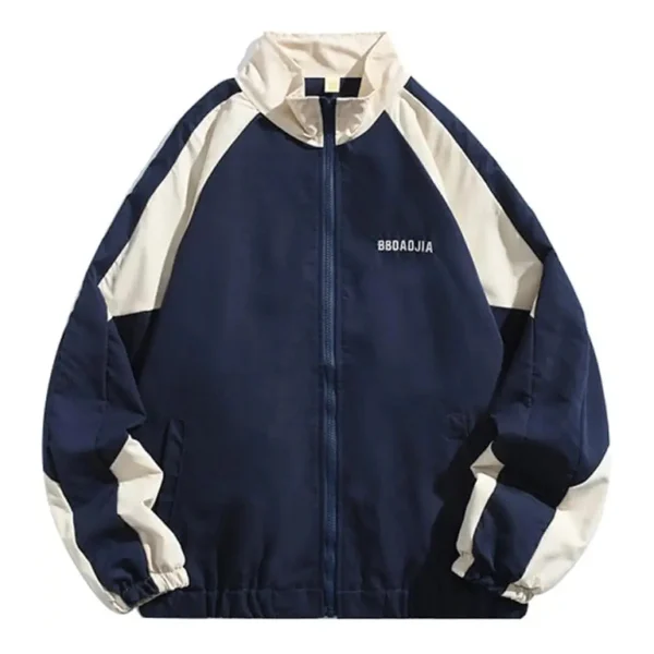 Men’s Trendy Navy Blue and White Color Block Windbreaker Jacket – Lightweight Casual Streetwear