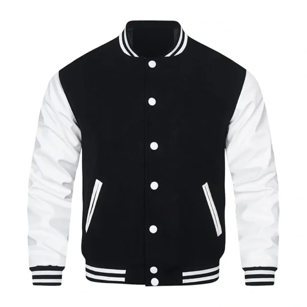 Stylish Black and White Varsity Jacket for Men – Classic College Baseball Design with Contrast Sleeves