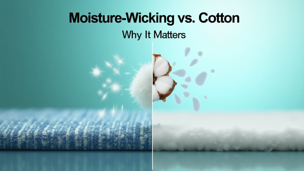 Close-up comparison showing how moisture wicking fabric repels sweat while cotton absorbs moisture.