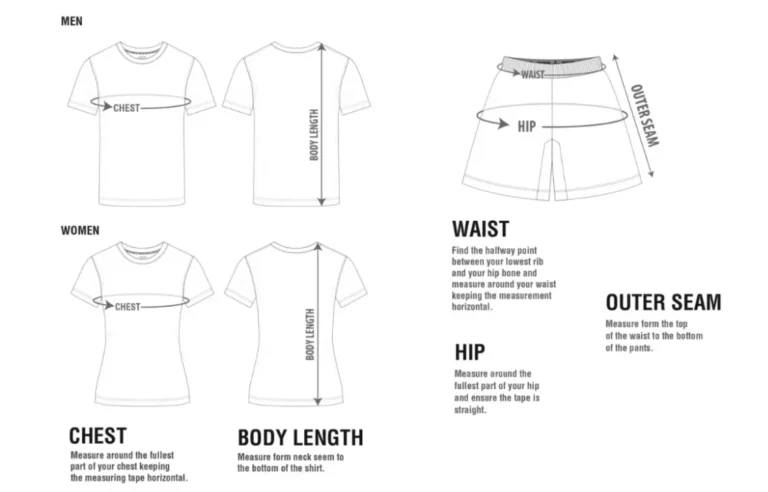 Guide showing how to measure shirts (chest, body length) and shorts (waist, hip, outer seam).