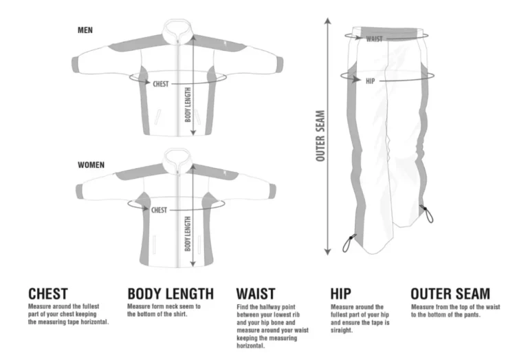 Diagram showing how to measure tracksuit tops (chest, body length) and pants (waist, hip, outer seam).