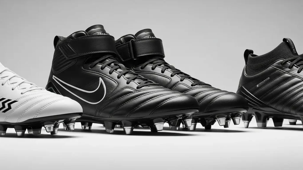 Black and white football cleats showing high ankle and low ankle designs with metal stud configuration for firm ground traction