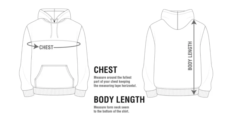 Diagram showing how to measure hoodie chest and body length.
