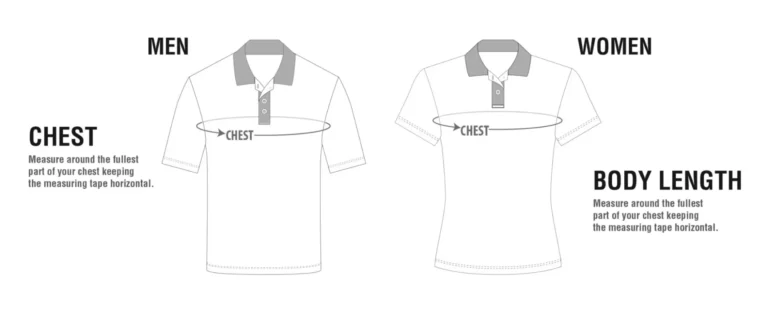 Diagram showing how to measure chest size on men’s and women’s polo shirts.