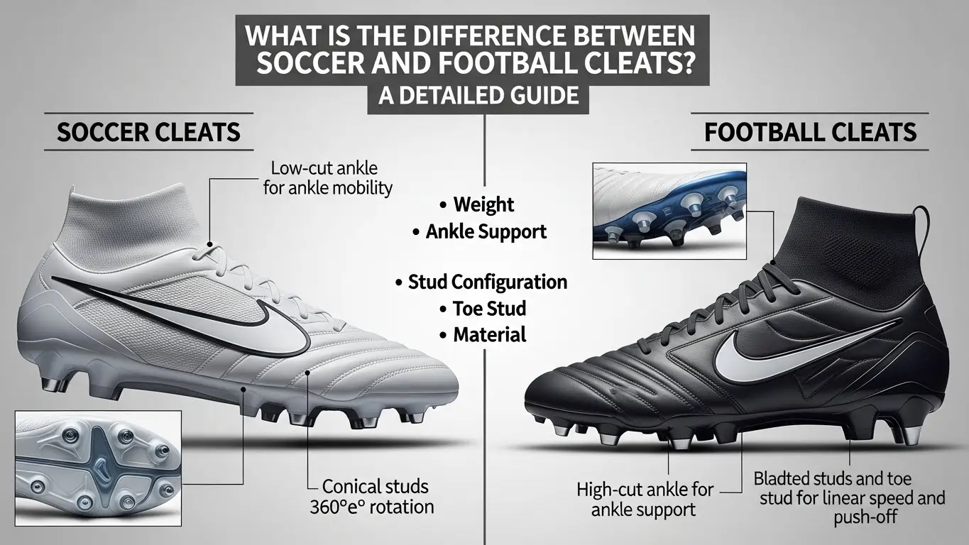 Difference between soccer cleats and football cleats showing stud configuration, ankle support and toe stud comparison