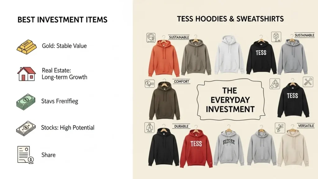 A graphic showing multiple TESS hoodies arranged with icons representing sustainability, comfort, durability, and versatility, alongside an investment-themed comparison.