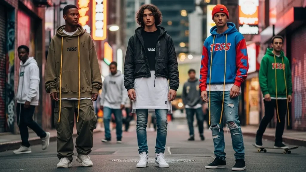 A group of people wearing TESS hoodies and layered streetwear outfits, standing in an urban alley with neon lighting.