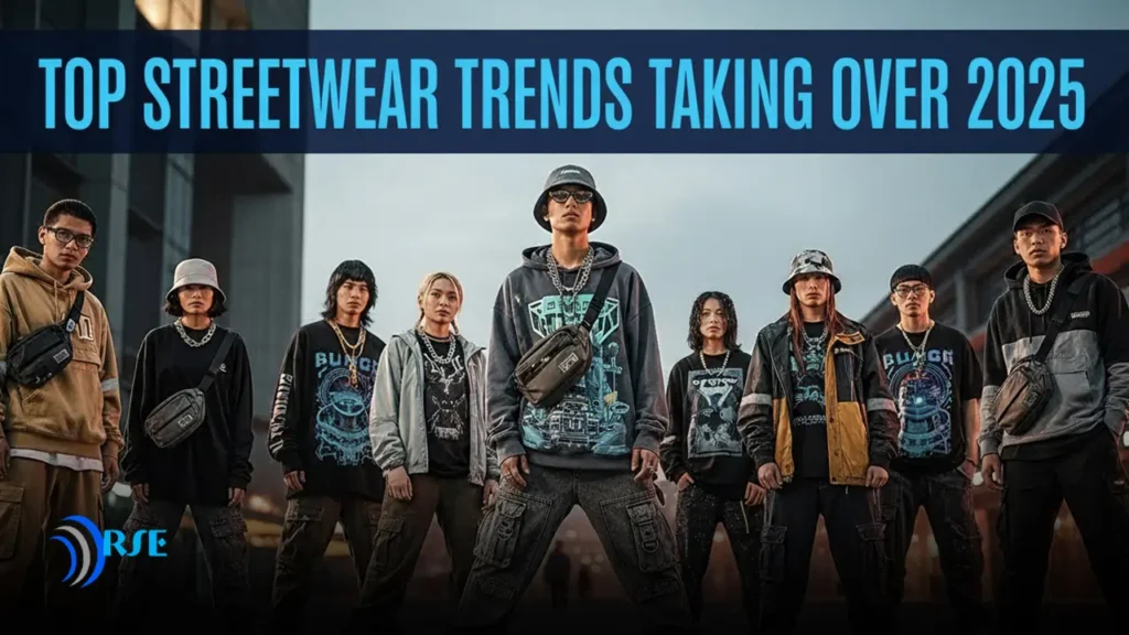 A lineup of people dressed in streetwear including hoodies, cargo pants, graphic tops, and bucket hats, used as a banner for the 2025 streetwear trends article.