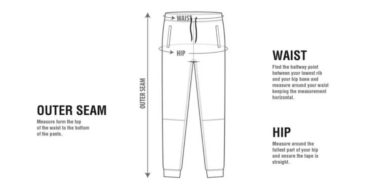 Diagram showing how to measure pants waist, hip, and outer seam.