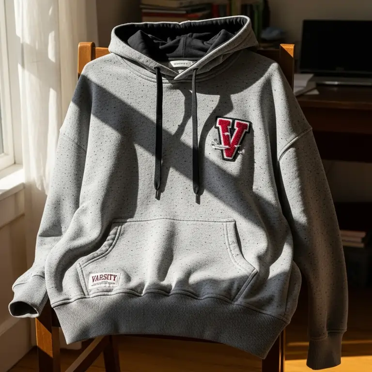 Man layering a classic wool varsity jacket with leather sleeves over a grey heavyweight hoodie