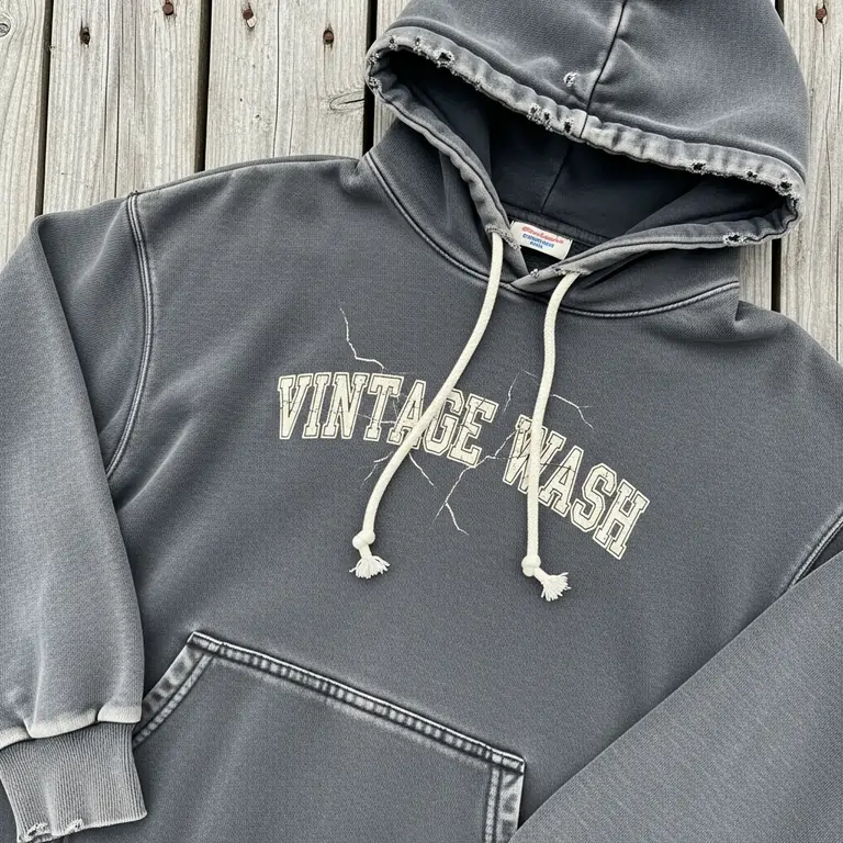 Men's vintage wash pullover hoodie in faded charcoal grey with distressed cuffs and hem.