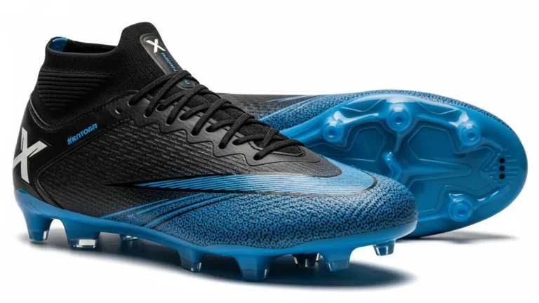 Black and blue high ankle football cleats with studded sole designed for speed, grip and firm ground performance