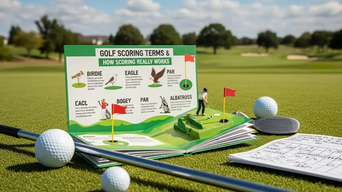 Golf scoring terms infographic showing birdie, eagle, par and albatross on a golf course