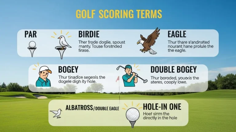 Golf scoring terms infographic explaining par, birdie, eagle, bogey, double bogey, albatross and hole in one
