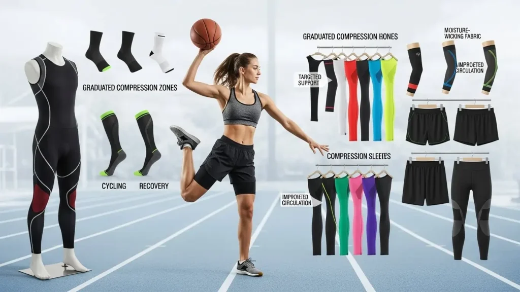 Graduated compression leggings and sleeves for sports and recovery
