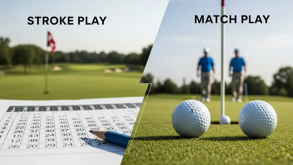 Comparison of stroke play vs match play in golf showing scorecard and putting green