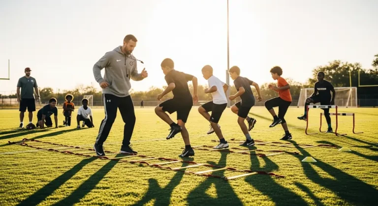 Football players performing agility ladder speed drills during team training session