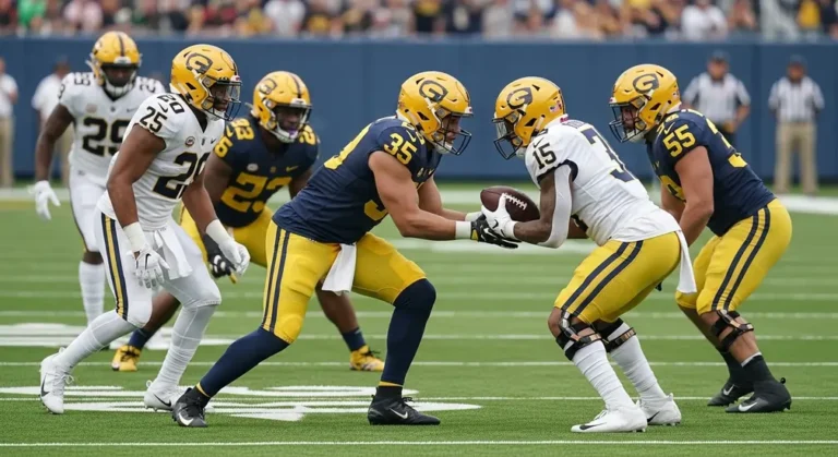American football defenders stopping a running play during a live game