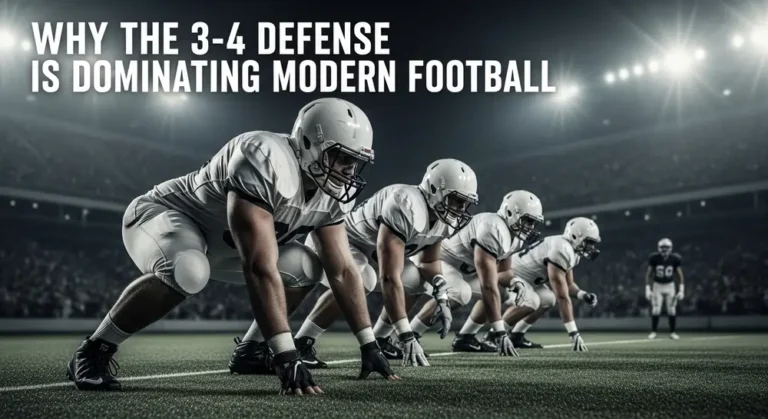 American football defensive line in 3-4 formation ready at scrimmage under stadium lights